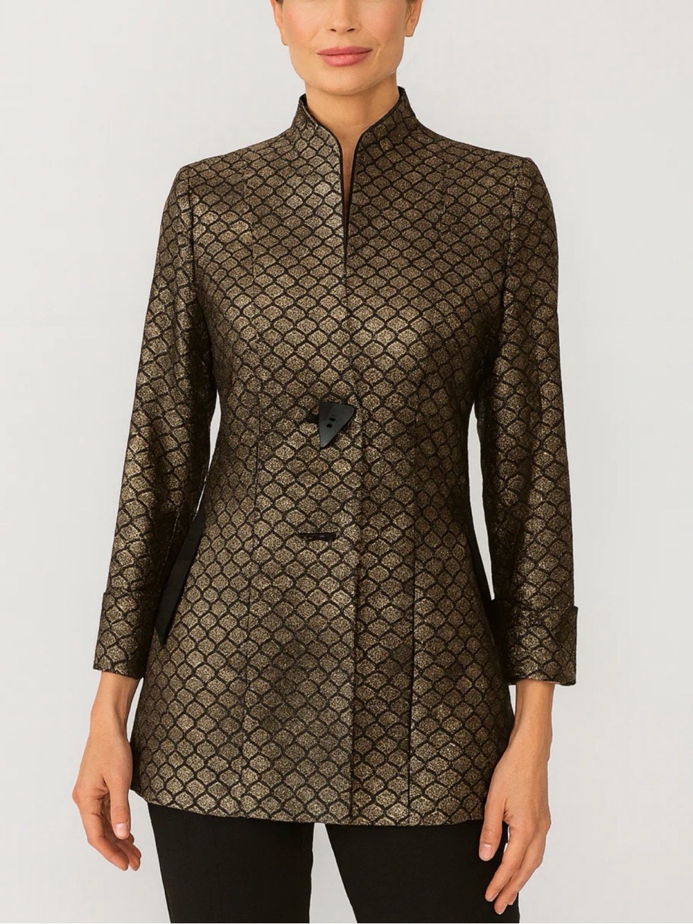 IC by Connie K Metallic Bronze Mandarin-Style Blazer Scalloped Pattern M (10-12)